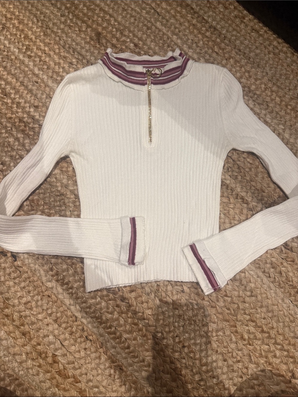 Planet Gold White Ribbed Long Sleeve Top with Pink Trim & Gold Zip